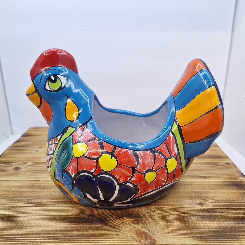 Beautiful Talavera Mexican Chicken Pottery Planter Colorful - Picture 2 of 11